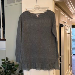 Garnet Hill sage green cashmere sweater w/faux shirt hem